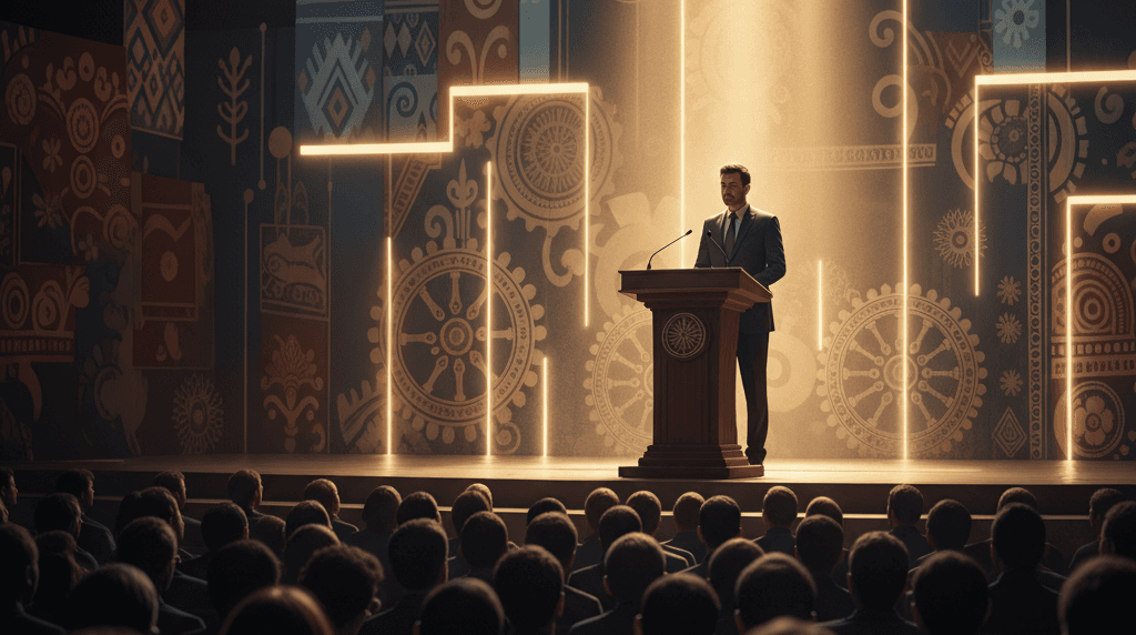 Dynamic image of a leader presenting to an engaged audience in a modern setting.
